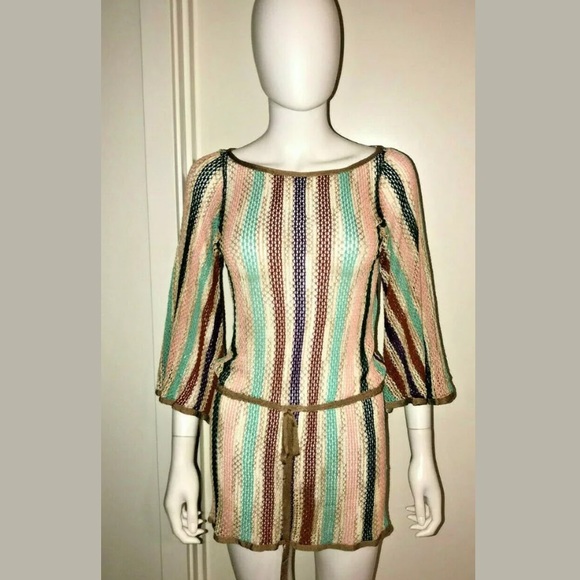 MISSONI Orange label open knit crochet belted tunic top boho hippie coverup S